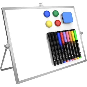 Dry Erase White Board, 16inX12in Large Desktop Whiteboard with Stand, 10 Markers, 4 , 1 Eraser, Portable Double-Sided White Board Easel for Memo Desk School